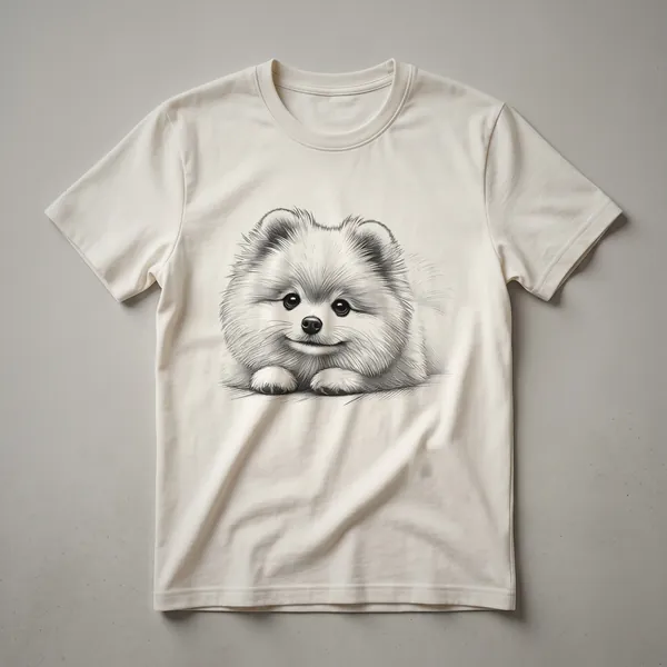 White graphic t-shirt featuring a cute Pomeranian dog peeking over a stylized graphic element, with the dog's face and fluffy mane prominently displayed.
