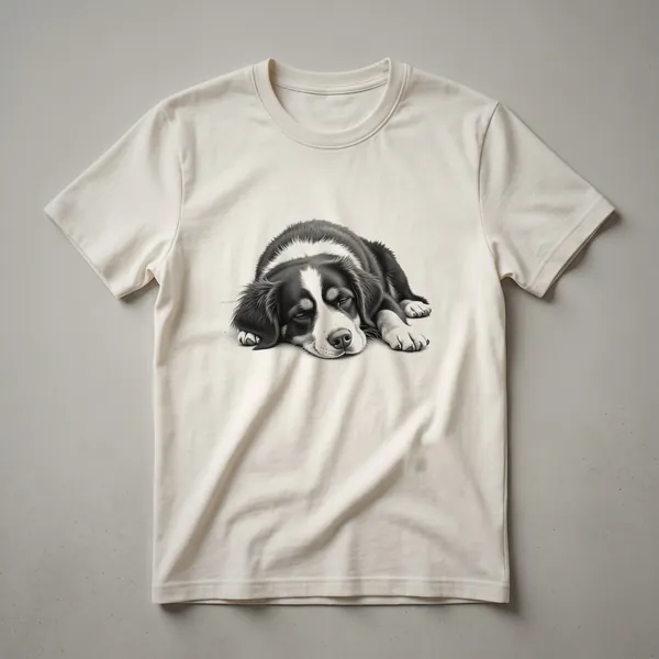 White graphic of a sleeping Bernese Mountain Dog in a minimalist line art style on a black t-shirt.