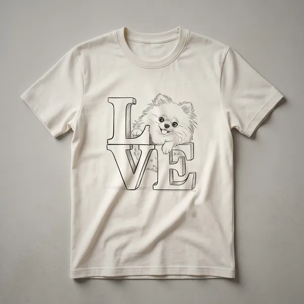 White graphic t-shirt with a black outline of a Pomeranian dog's face and a red heart symbol.