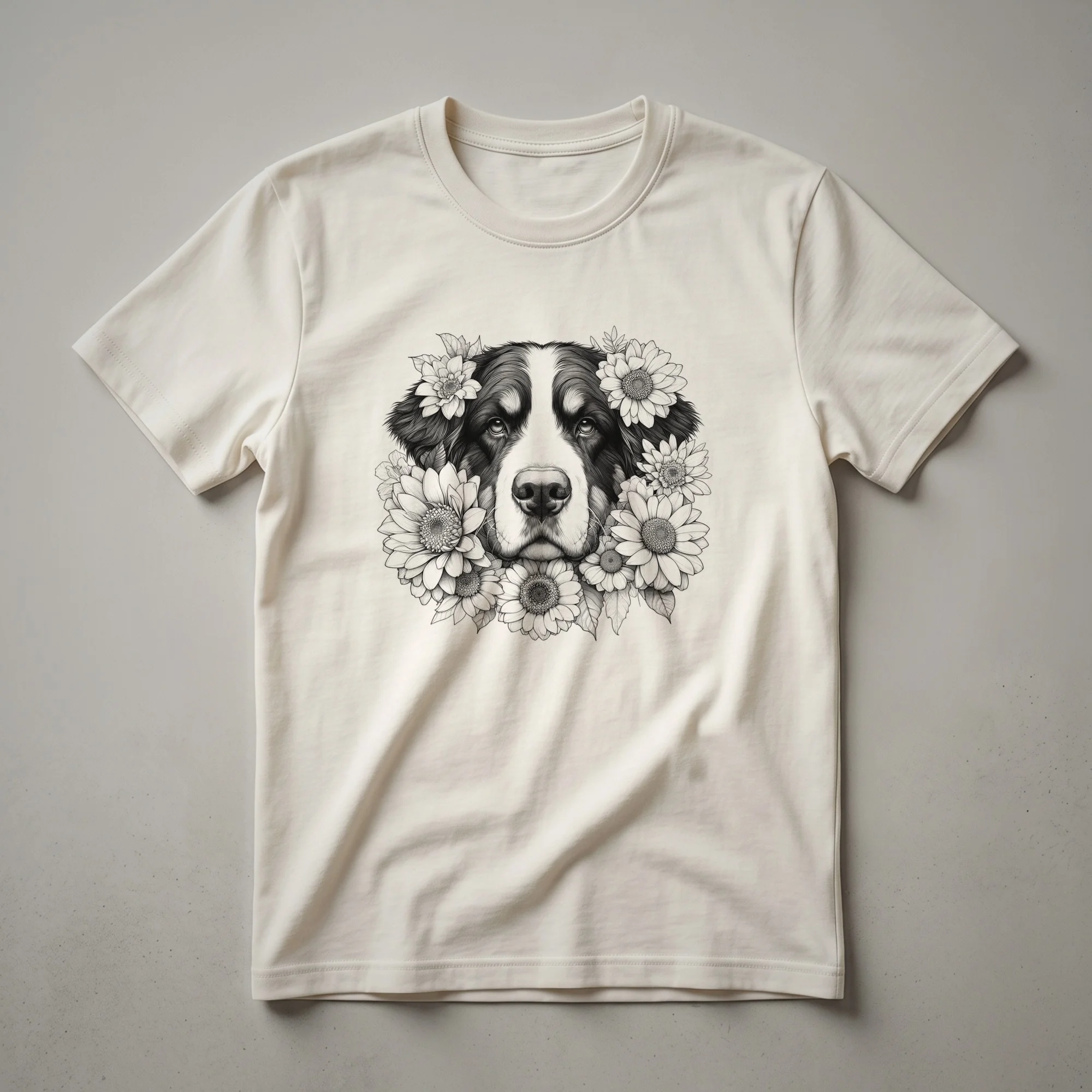 White graphic t-shirt featuring a stylized Bernese Mountain Dog head with floral accents, designed for dog moms.