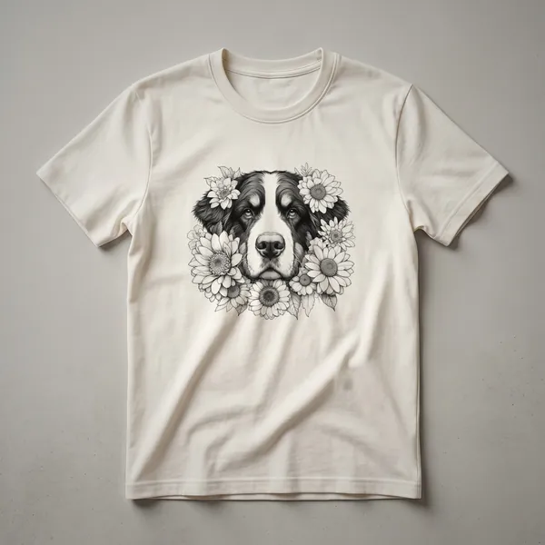 White graphic t-shirt featuring a stylized Bernese Mountain Dog head with floral accents, designed for dog moms.