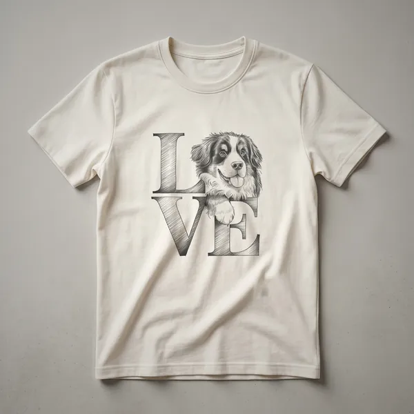 White graphic t-shirt featuring a stylized Bernese Mountain Dog head with a heart on its chest, designed for dog lovers.