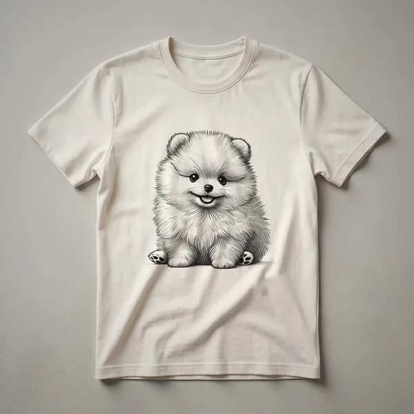 White t-shirt featuring a graphic of a Pomeranian puppy surrounded by colorful flowers and leaves.