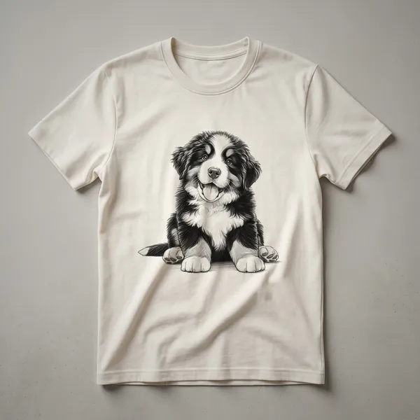 White t-shirt featuring a cartoon Bernese Mountain Dog puppy peeking from the bottom edge, with its head and front paws visible.
