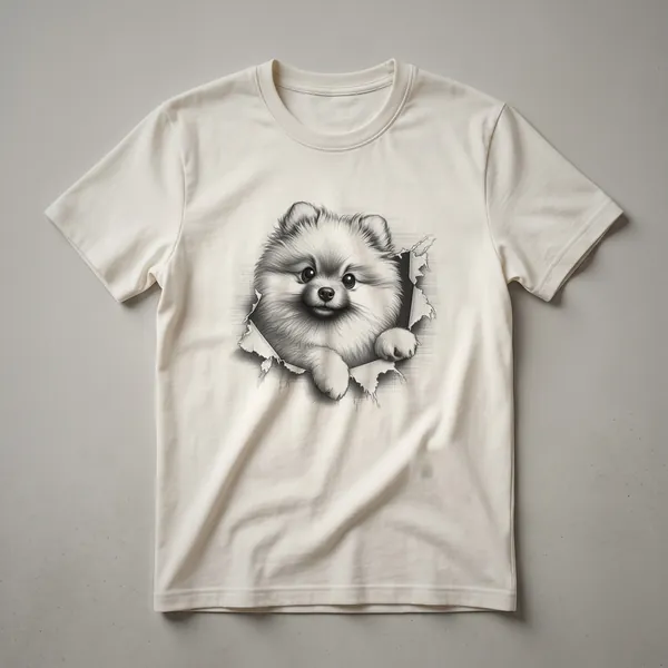 White graphic t-shirt featuring a Pomeranian dog peeking over the bottom edge, with its head and front paws visible.