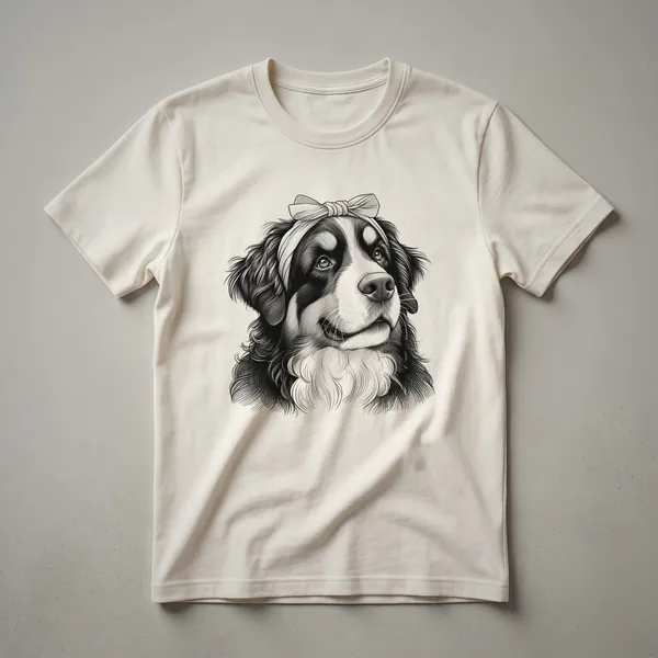 White t-shirt featuring a graphic of a Bernese Mountain Dog peeking over a colorful border, with the dog's head and front paws visible.