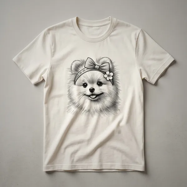White graphic t-shirt featuring a stylized Pomeranian dog face with floral accents in pink, green, and yellow.