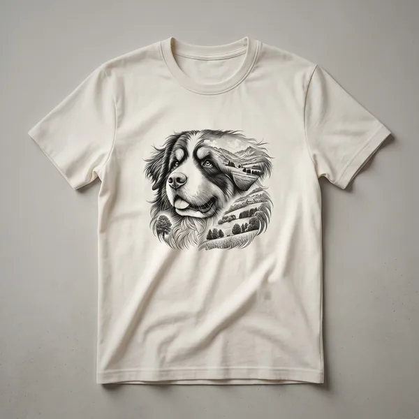 White t-shirt featuring a graphic of a Bernese Mountain Dog's head with mountains and trees in the background.
