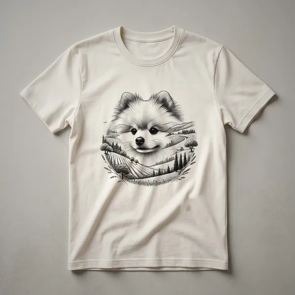 White graphic t-shirt featuring a black silhouette of a Pomeranian dog with a nature scene in the background, including trees and mountains.