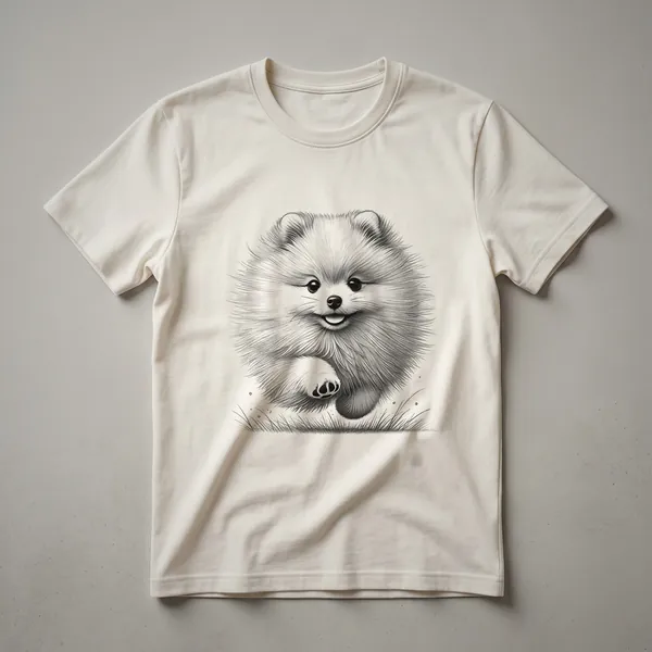White graphic t-shirt featuring a distressed illustration of a Pomeranian dog running.