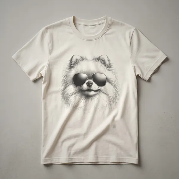 White t-shirt featuring a graphic of a Pomeranian dog wearing dark sunglasses, with a patriotic-themed background element.
