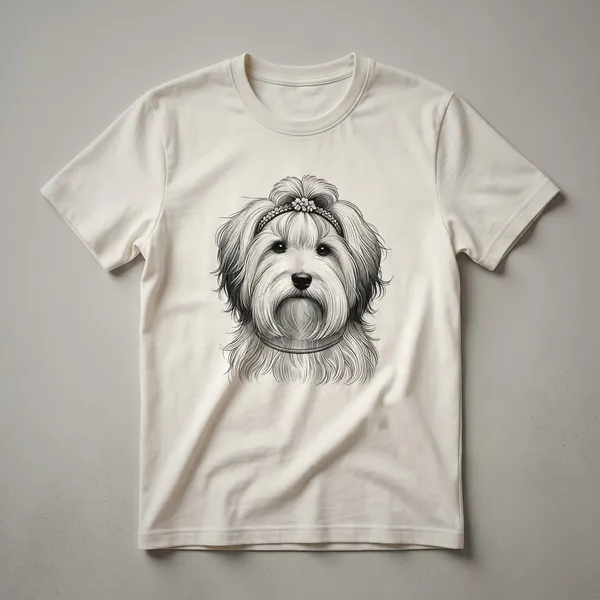 White graphic t-shirt featuring a black Havanese dog silhouette surrounded by pink and green floral accents, with the text 'Dog Mom' incorporated.