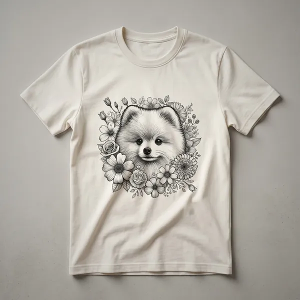 White graphic t-shirt featuring a stylized Pomeranian dog illustration surrounded by colorful flowers and leaves.