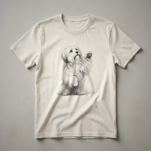A black graphic t-shirt featuring a Havanese dog with its paw raised in a playful gesture.