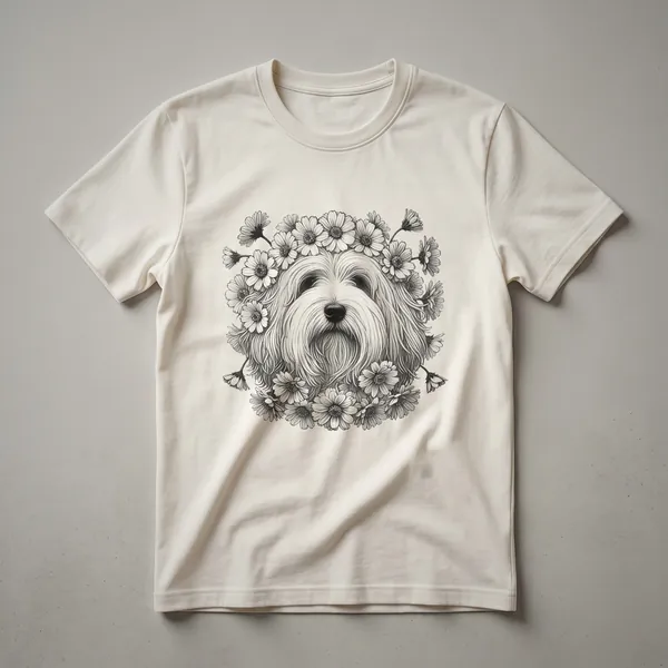 White t-shirt with a floral Havanese dog face graphic in the center, featuring colorful flowers and the dog's face.