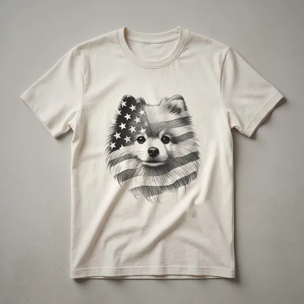 White t-shirt featuring a graphic of a Pomeranian dog wearing dark sunglasses and a red, white, and blue American flag bandana, with a patriotic theme.