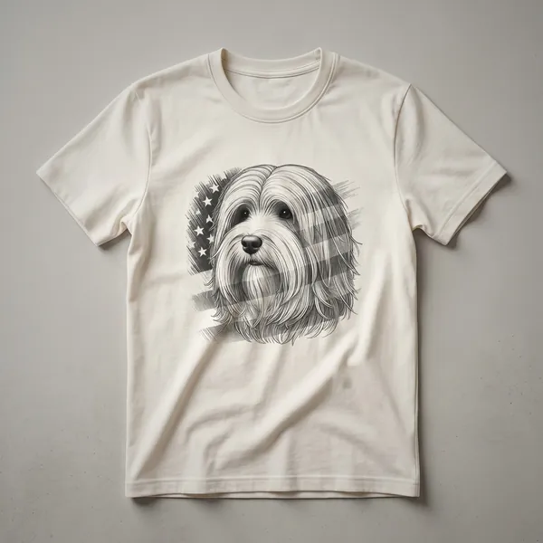 White Havanese dog wearing black sunglasses and a red, white, and blue American flag bandana, set against a distressed American flag background on a white t-shirt.