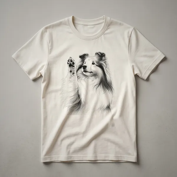 A black graphic t-shirt featuring a stylized Shetland Sheepdog raising its paw in a playful gesture.