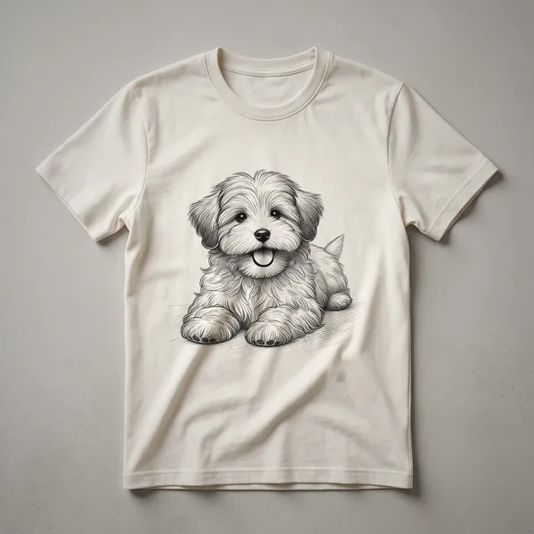 White graphic t-shirt featuring a stylized illustration of a Havanese puppy surrounded by floral elements.