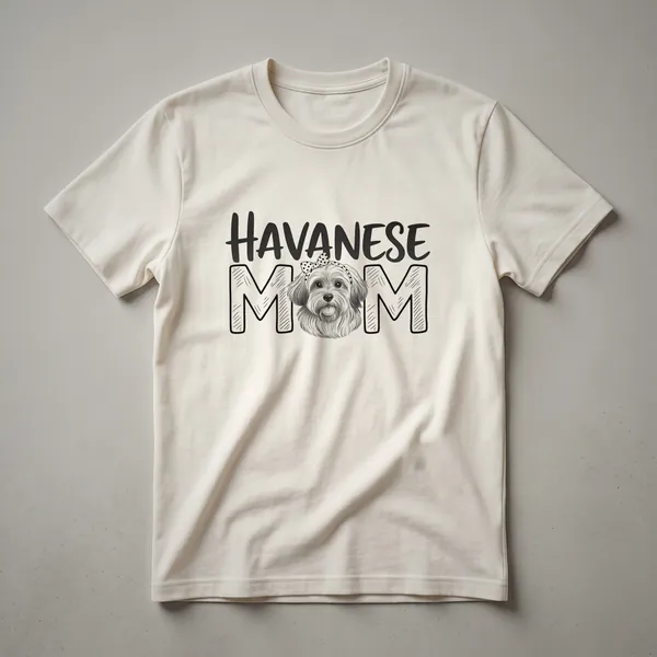 A white graphic t-shirt with a black stylized portrait of a Havanese dog and the text 'Havanese Mom'.