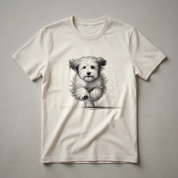 White graphic t-shirt featuring a distressed illustration of a Havanese dog in a running pose.