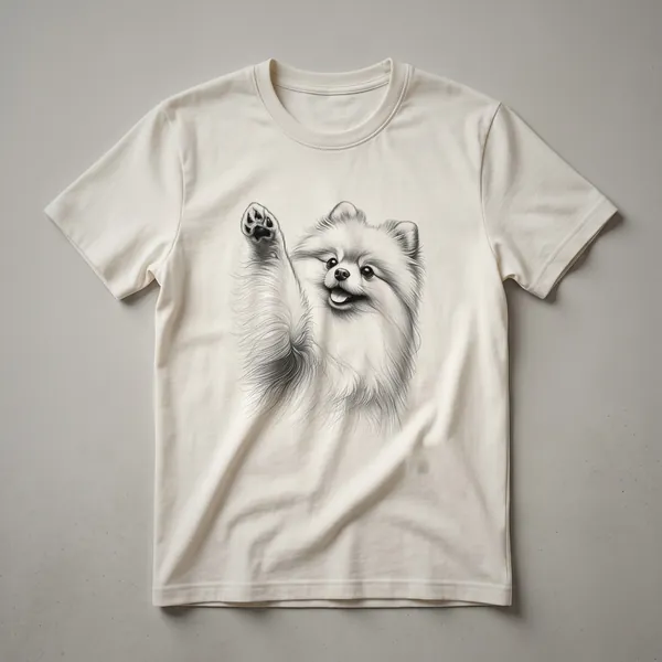 White t-shirt featuring a graphic of a Pomeranian dog surrounded by floral elements and a paw print.