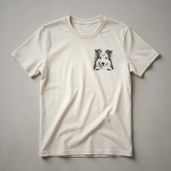 White graphic t-shirt featuring a cartoon illustration of a Shetland Sheepdog's head peeking over the bottom edge of the shirt.