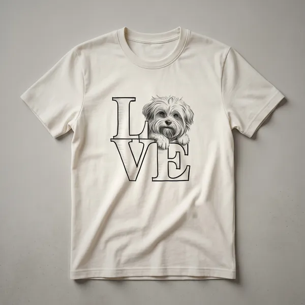 White graphic t-shirt featuring a black silhouette of a Havanese dog surrounded by colorful floral elements and the text 'Love'.
