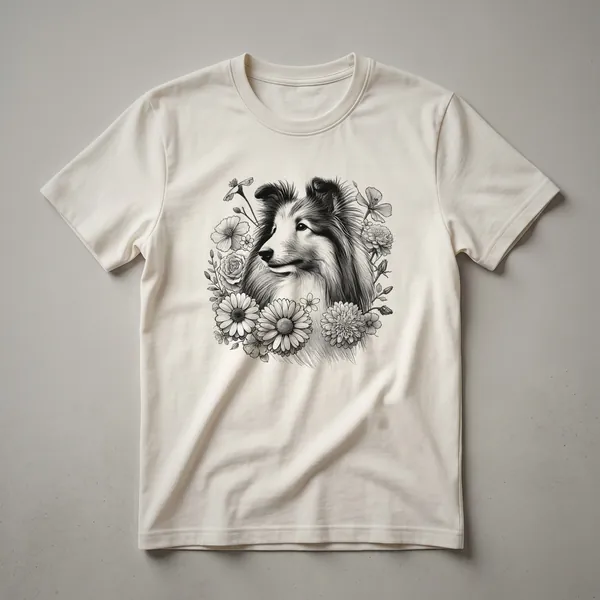 A white t-shirt with a graphic design of a Shetland Sheepdog's head surrounded by colorful flowers.