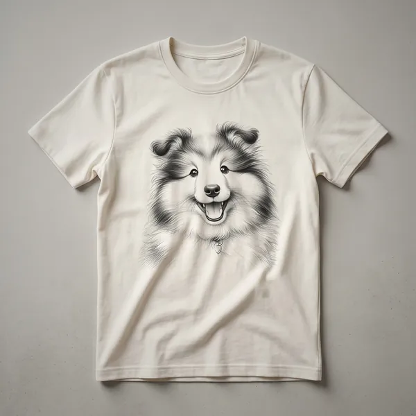 White graphic t-shirt featuring a cartoon illustration of a Shetland Sheepdog puppy peeking from the bottom edge, with large expressive eyes and fluffy fur.