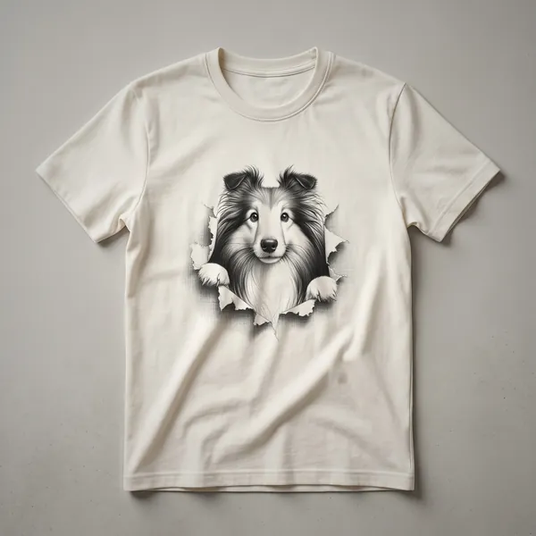 White graphic t-shirt featuring a peeking Shetland Sheepdog head with brown and white fur.