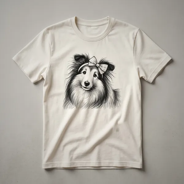 White graphic t-shirt featuring a distressed vintage portrait of a Shetland Sheepdog's head, designed for girls and women.