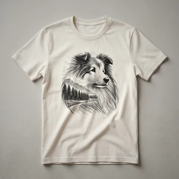 Black graphic t-shirt featuring a silhouette of a Shetland Sheepdog against a colorful sunset sky with rolling hills.