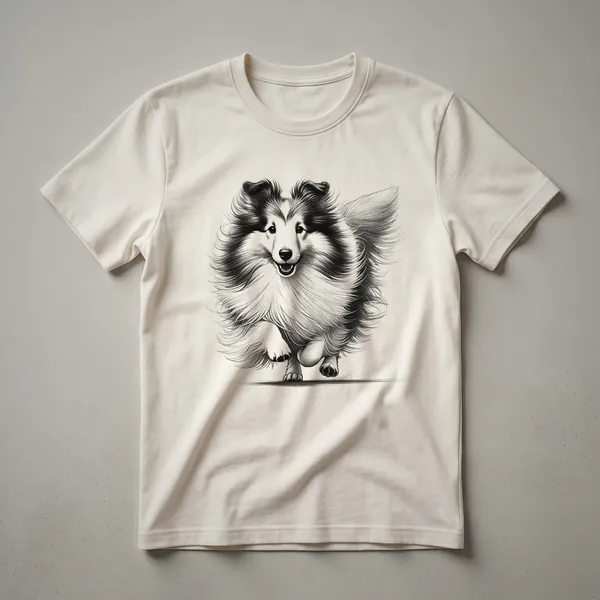White graphic of a Shetland Sheepdog running with a distressed texture on a black t-shirt.