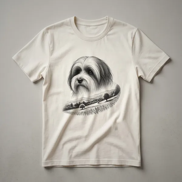 White Havanese dog portrait with a nature-inspired background on a white t-shirt.
