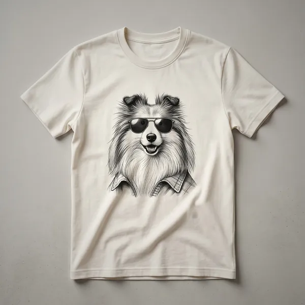 White graphic t-shirt featuring a Shetland Sheepdog wearing dark sunglasses with a patriotic-themed background.