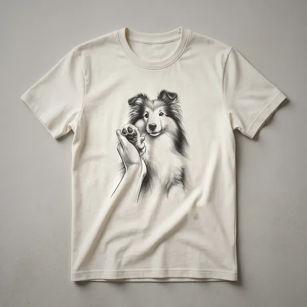 White graphic t-shirt featuring a black silhouette of a Shetland Sheepdog adorned with pink and green floral elements and a paw print.