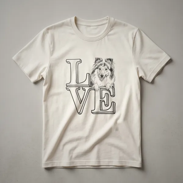 A white t-shirt featuring a graphic of a Shetland Sheepdog's head with a red heart symbol, designed for dog lovers.