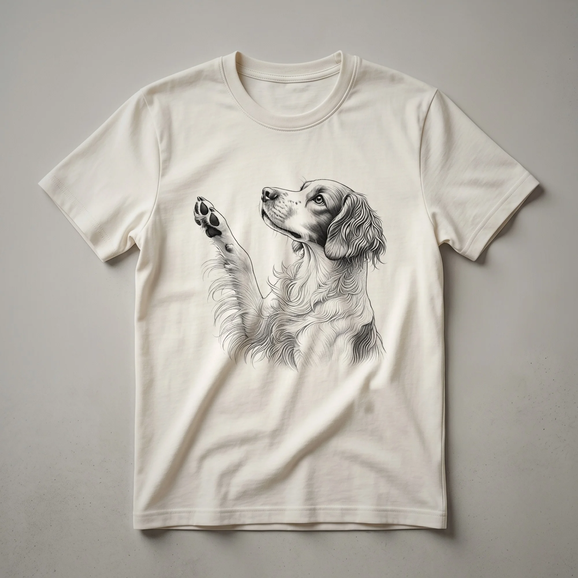 A graphic t-shirt design featuring a Brittany Spaniel dog with its paw raised, surrounded by colorful floral elements, on a white background.