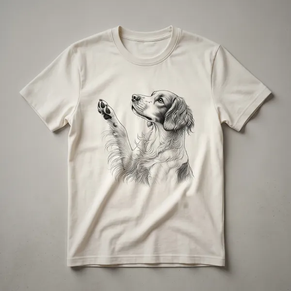 A graphic t-shirt design featuring a Brittany Spaniel dog with its paw raised, surrounded by colorful floral elements, on a white background.