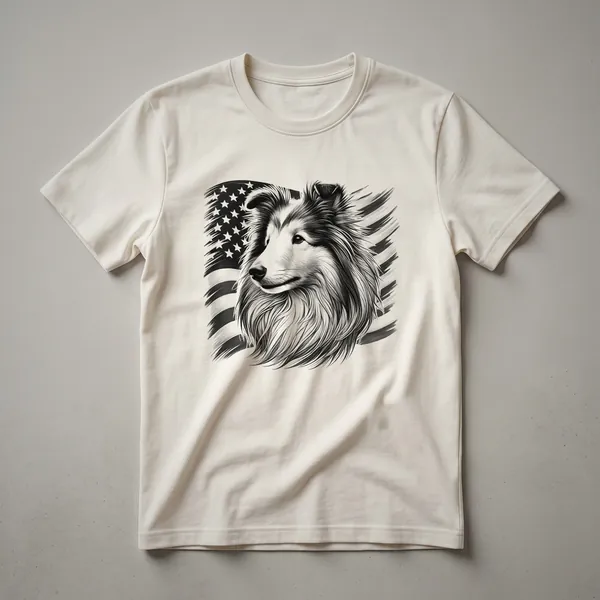 A white t-shirt featuring a graphic of a Shetland Sheepdog wearing sunglasses with an American flag design on the lenses.