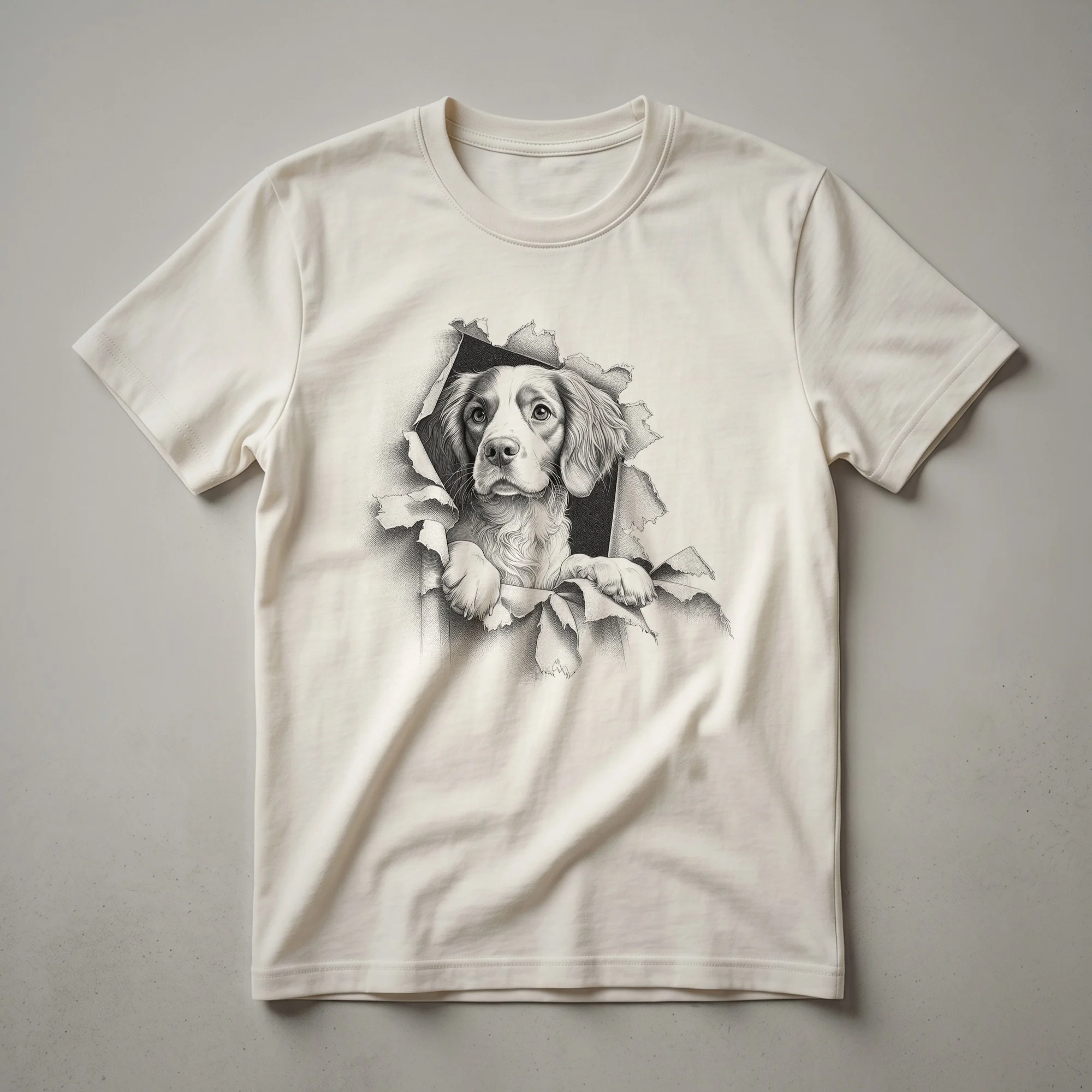 White graphic t-shirt with a Brittany Spaniel dog peeking over a colorful floral arrangement. The text 'Brittany Spaniel' is visible.