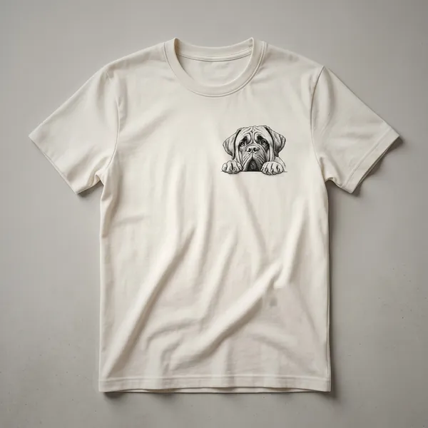 White t-shirt featuring a Mastiff dog's head peeking over a border of colorful flowers.