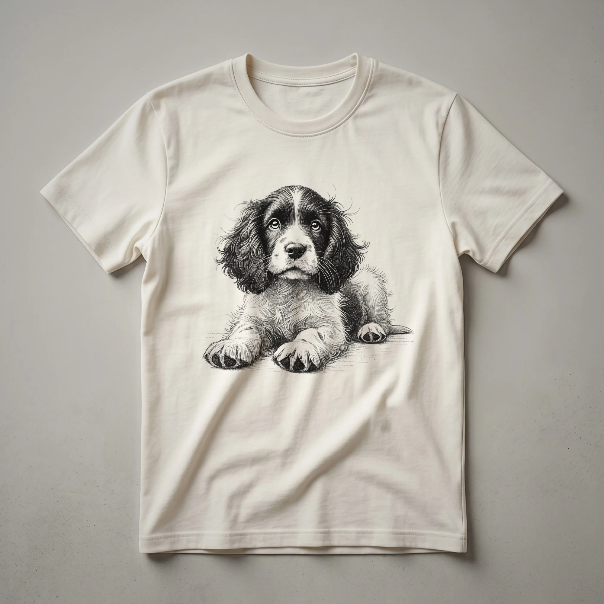 White graphic t-shirt featuring a stylized English Springer Spaniel puppy surrounded by colorful floral elements and leaves.