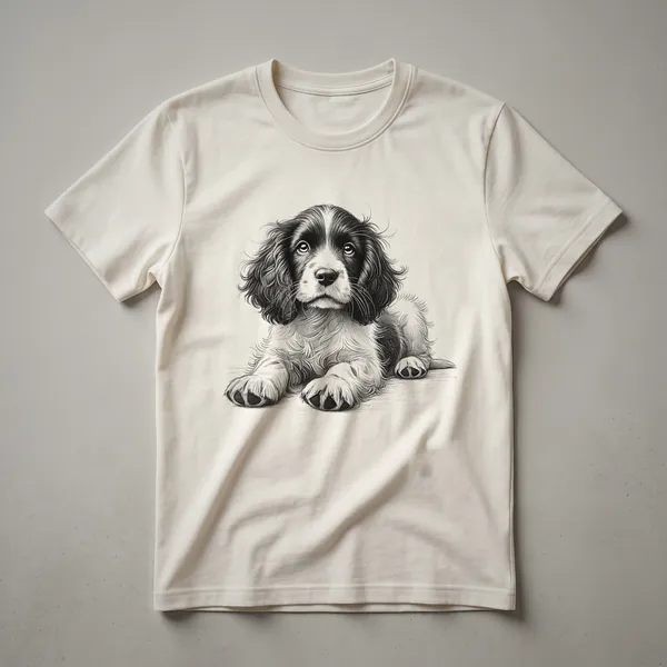 White graphic t-shirt featuring a stylized English Springer Spaniel puppy surrounded by colorful floral elements and leaves.