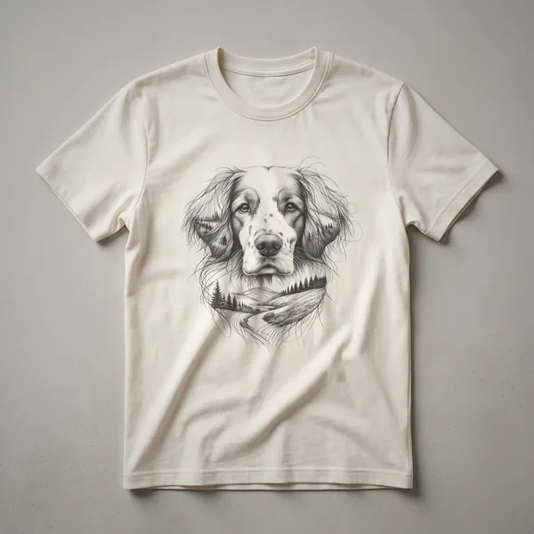 White Brittany Spaniel silhouette inside a green and pink floral wreath graphic on a black t-shirt.