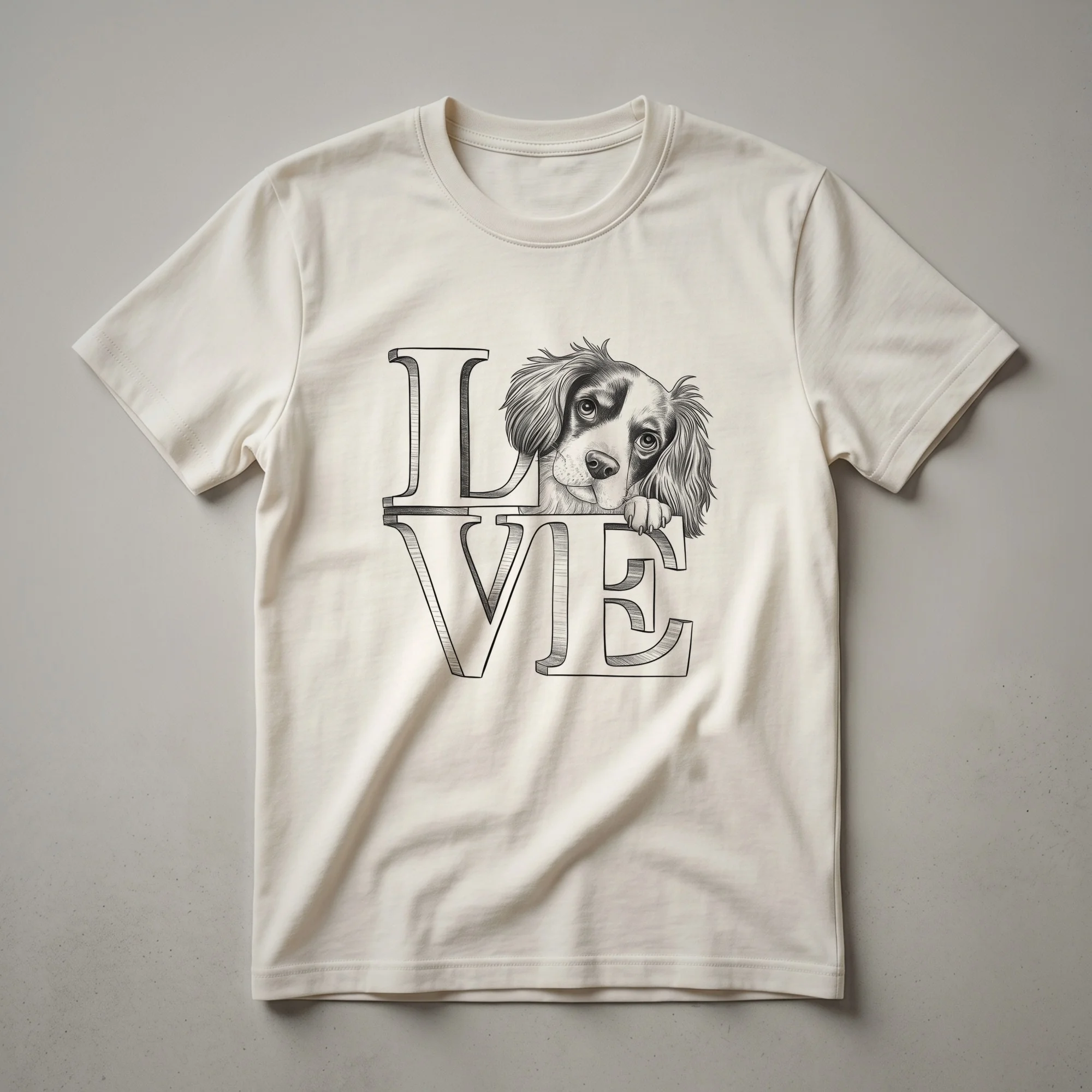 White t-shirt with a graphic design of a Brittany Spaniel dog's head surrounded by colorful flowers and leaves.