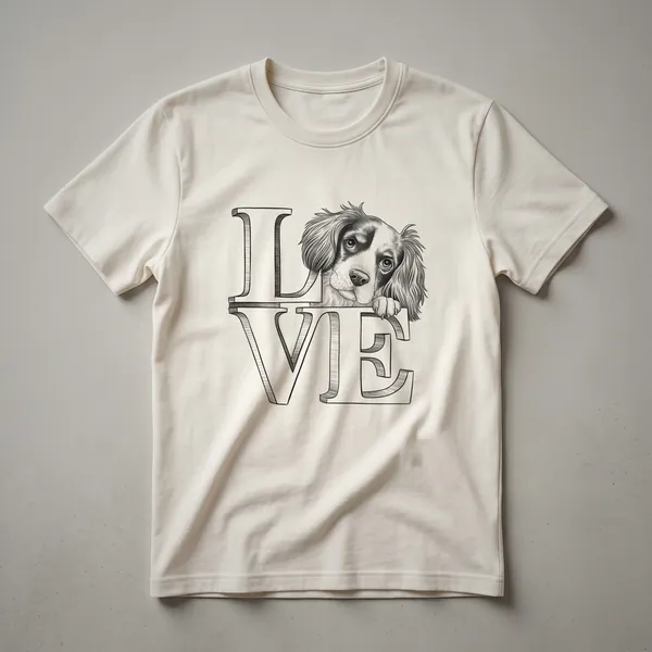 White t-shirt with a graphic design of a Brittany Spaniel dog's head surrounded by colorful flowers and leaves.