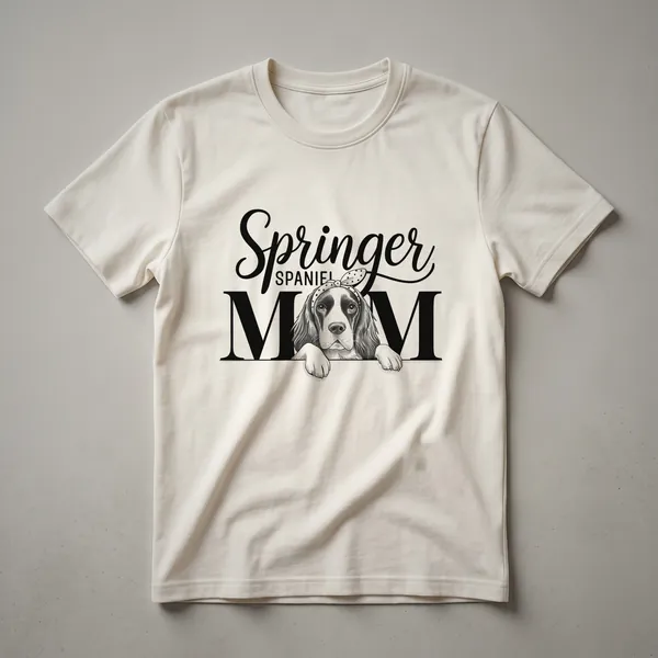 White graphic t-shirt featuring the head of an English Springer Spaniel wearing a floral crown, with the text 'Mom' below.