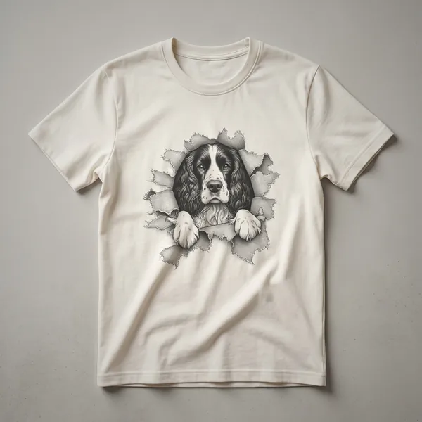 White graphic t-shirt featuring a stylized illustration of an English Springer Spaniel's head peeking from the bottom edge, with its ears and face visible.